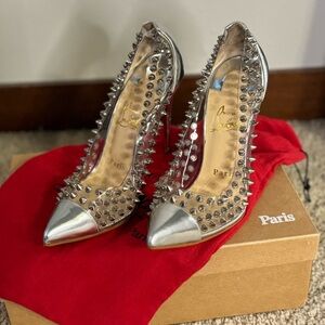 Christian Louboutin PVC Metallic Gloss Spike Me 100 Pumps Spray Silver